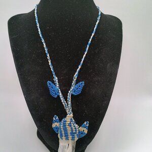 Handmade Macrame Necklace with Natural Quartz Crystal Pendant and Blue Woven Thr